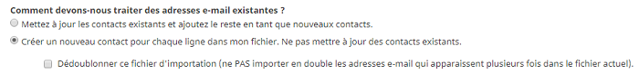 les options de l'importation